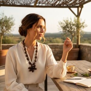 Vintage Brown Beaded Flower Necklace & 3 Wood Seed Bead Bracelets Set